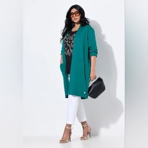 Open-Front Teal Long Cardigan with Pockets